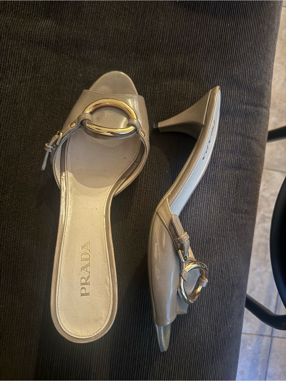 Prada Taupe-Beige Slide Mules with Gold Ring